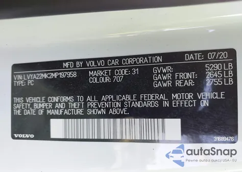 2021 Volvo S90 T6 Momentum from USA, damaged, VIN LVYA22MK2MP197958